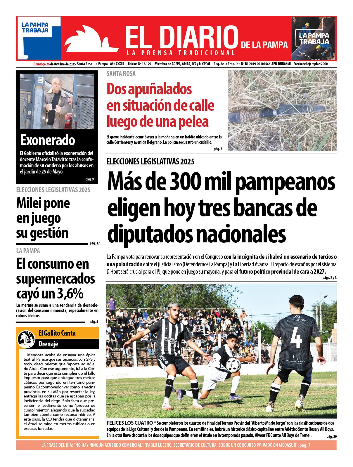 Tapa de El Diario en papel  domingo 26 de octubre de 2025